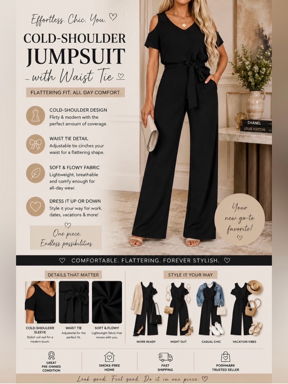 Cold-Shoulder Jumpsuit with Waist Tie - Black